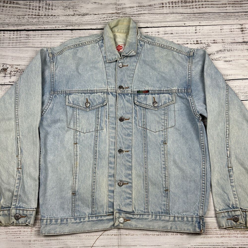 Vintage Stevens Pleated Cotton Blue Denim Trucker Jacket‎ Sz M Light Wash Button
